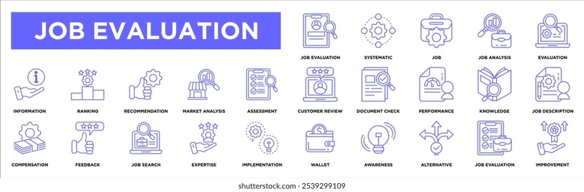 evaluación de empleo Título	
Conjunto de colección de icono de gadget. Contiene diseño, evaluación de trabajo, trabajo sistemático, análisis de trabajo, evaluación