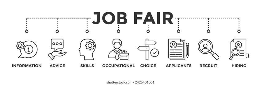 Job fair banner web icon vector illustration concept for employee recruitment and onboarding program with an icon of the information, advice, skills, occupational, applicants, recruit, and hiring svg