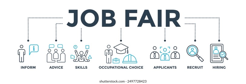 Job fair banner web icon vector illustration concept for employee recruitment and onboarding program with an icon of the information, advice, skills, occupational, applicants, recruit, and hiring 
