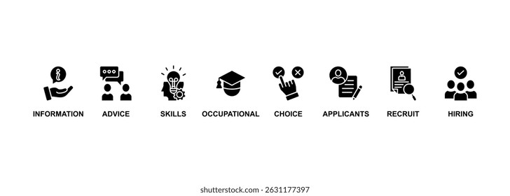 Cargo justo banner ícone web vetor ilustração conceito para recrutamento de funcionários e programa de integração com um ícone das informações, conselhos, habilidades, ocupacional, candidatos, recrutamento e contratação