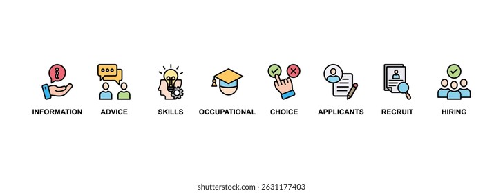 Cargo justo banner ícone web vetor ilustração conceito para recrutamento de funcionários e programa de integração com um ícone das informações, conselhos, habilidades, ocupacional, candidatos, recrutamento e contratação