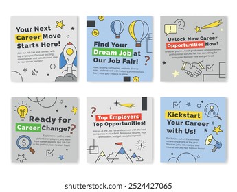 Vaga de oportunidade de mudança de carreira justa de emprego pesquisa nas mídias sociais post set vetor flat illustration. O funcionário do trabalho de recrutamento Headhunt queria encontrar publicidade com elementos da linha de negócios