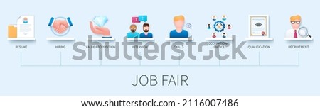 Job fair concept with icons. Resume, hiring, value proposition, interview, skills, occupational choice, qualification, recruitment. Business concept. Web vector infographic in 3D style