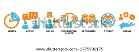 Job fair icon set Aqua Orange Flat concept for employee recruitment and onboarding program with an icon of the information, advice, skills, occupational, applicants, recruit, and hiring