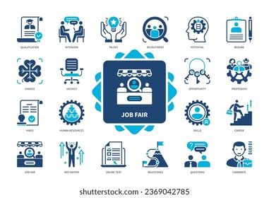 Job Fair icon set. Resume, Vacancy, Motivation, Interview, Human Resources, Profession, Candidate, Recruitment. Duotone color solid icons