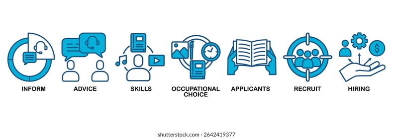 Ícone da feira de cargos definir o conceito de ilustração vetorial para o recrutamento de funcionários e o programa de integração com um ícone das informações, conselhos, habilidades, ocupacional, candidatos, recrutamento e contratação