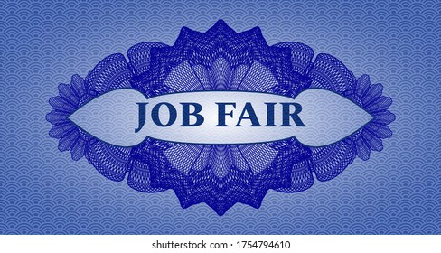 Job fair text inside Currency blue japanese style pattern realistic emblem. Geometric delicate background. Illustration. 