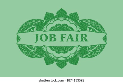 Job fair text inside Green stroke emblem. Eco graceful background. Intense illustration. 