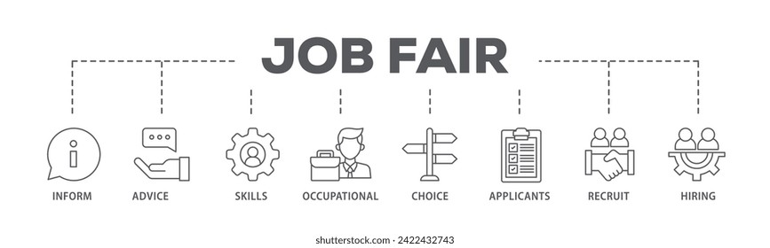 Job fair web banner icon vector illustration concept consists of the information, advice, skills, occupational, applicants, recruit, and hiring icon live stroke and easy to edit