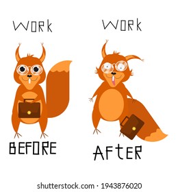 Trabajo. Sentimientos antes y después. Ilustración vectorial. Ilustración de ardilla. Una broma sobre el trabajo.