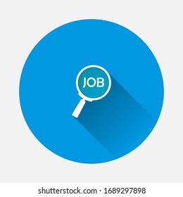 Job find search vector icon on blue background. Flat image with long shadow.
