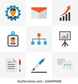 Job Flat Icons Set. Collection Of Chatting, Envelope, Id Badge And Other Elements. Also Includes Symbols Such As Presentation, Badge, Page.