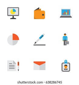 Job Flat Icons Set. Collection Of Contract, Id Badge, Work Man And Other Elements. Also Includes Symbols Such As Page, Graph, Statistics.