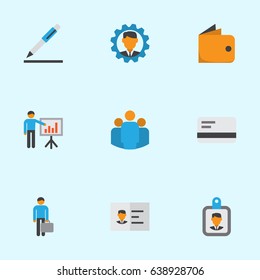 Job Flat Icons Set. Collection Of Work Man, Group, Pen And Other Elements. Also Includes Symbols Such As Businessman, Man, Wallet.
