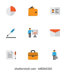 Job Flat Icons Set. Collection Of Envelope, Presenting Man, Pen And Other Elements. Also Includes Symbols Such As Pie, Man, Mail.
