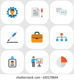 Job Flat Icons Set. Collection Of Hierarchy, Chatting, Presenting Man And Other Elements. Also Includes Symbols Such As Signing, Graph, Badge.
