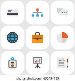 Job Flat Icons Set. Collection Of Id Badge, Pie Bar, Hierarchy And Other Elements. Also Includes Symbols Such As Board, Card, Identification.