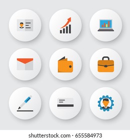 Job Flat Icons Set. Collection Of Billfold, Increasing, Pen And Other Elements. Also Includes Symbols Such As Chart, Briefcase, Id.