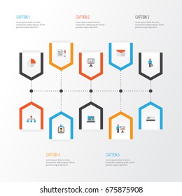Job Flat Icons Set. Collection Of Pie Bar, Presentation Board, Presenting Man And Other Elements. Also Includes Symbols Such As Identification, Chart, Man.