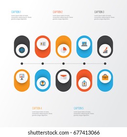 Job Flat Icons Set. Collection Of Suitcase, Diagram, Presentation Board And Other Elements. Also Includes Symbols Such As Gear, Statistics, Presentation.