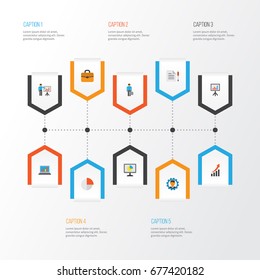 Job Flat Icons Set. Collection Of Pie Bar, Presenting Man, Suitcase And Other Elements. Also Includes Symbols Such As Analytics, Gear, Page.