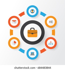 Job Flat Icons Set. Collection Of Pie Bar, Developer, Hierarchy And Other Elements. Also Includes Symbols Such As Statistics, Handbag, Manager.