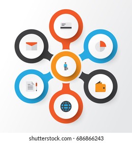 Job Flat Icons Set. Collection Of Pie Bar, Work Man, Billfold And Other Elements. Also Includes Symbols Such As Page, Letter, Network.
