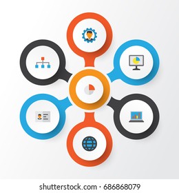 Job Flat Icons Set. Collection Of Hierarchy, Global, Pie Bar And Other Elements. Also Includes Symbols Such As Structure, Card, Network.