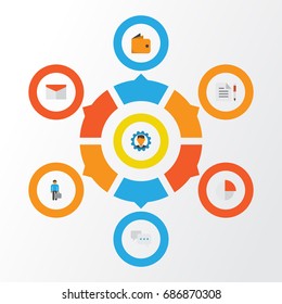 Job Flat Icons Set. Collection Of Work Man, Developer, Pie Bar And Other Elements. Also Includes Symbols Such As Gear, Man, Page.