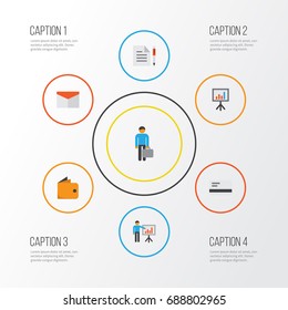 Job Flat Icons Set. Collection Of Work Man, Presenting Man, Contract And Other Elements. Also Includes Symbols Such As Pen, Envelope, Business.