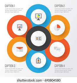 Job Flat Icons Set. Collection Of Presentation Board, Chatting, Statistics And Other Elements. Also Includes Symbols Such As Chart, Id, Circle.