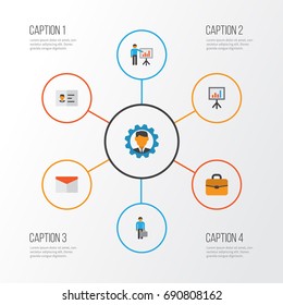 Job Flat Icons Set. Collection Of Work Man, Envelope, Presentation Board And Other Elements. Also Includes Symbols Such As Suitcase, Handbag, Work.