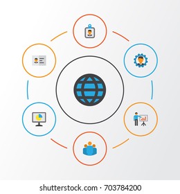 Job Flat Icons Set. Collection Of Global, Developer, Presenting Man And Other Elements. Also Includes Symbols Such As Badge, Id, Developer.