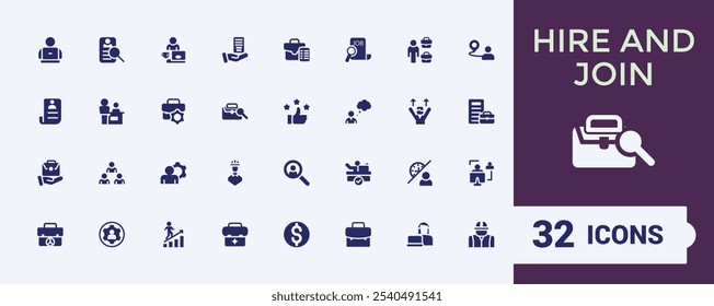 Job flat solid icon set. Containing person, search, human, contract, meeting, management and more. Minimalistic web and UI icons. Editable vector icon and illustration.