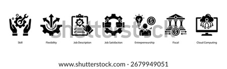 Job Flexibility web banner vector illustration featuring Skill, Flexibility, Job Description, Job Satisfaction, Entrepreneurship, Fiscal, and Cloud Computing.