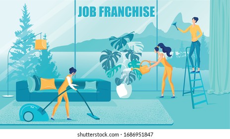 Job Franchise - Licensed Commercial Services to Attract Hired Personnel and Outsource Staff. Cleaning Company Employees People Cartoon Characters at Work in Office Interior. Flat Vector Illustration.