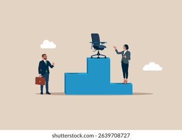 Job girl applicant who is optimistic about getting a job highest position in the company. Career success. Management office chair for talent. Flat vector illustration 