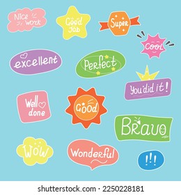 Job and great job colorful stickers set. Student cute icons. Teacher reward stickers.  Vector illustration. School reward. Encouragement stamp. 