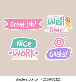 Job and great job groovy stickers pack. Set of reward stickers for teachers and kids. Hand drawn vector illustration.