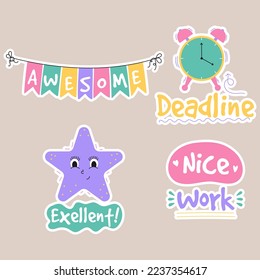 Job and great job groovy stickers pack. Set of reward stickers for teachers and kids. Hand drawn vector illustration.