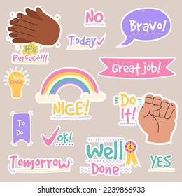 Job and great job groovy stickers pack. Set of reward stickers for teachers and kids. Hand drawn vector illustration.