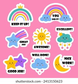 Job and great job stickers with cute rainbows, stars for kids. Stickers for teacher, students school to reward, motivate, encourage for learning, study, home tasks. Reward stickers, success, congrats.