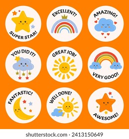 Job and great job stickers with cute rainbows, stars for kids. Stickers for teacher, students school to reward, motivate, encourage for learning, study, home tasks. Reward stickers, success, congrats.