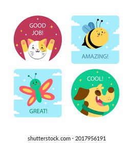 Job and great job stickers logo. School reward, encouragement sign, stamp. Student icon. Success, congrats, excellent work label. Awesome homework, well done. Educational kids design. Vector art. 