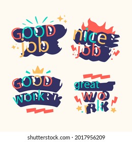 Job and great job stickers logo. School reward, encouragement sign, stamp. Student icon. Success, congrats, excellent work label. Awesome homework, well done. Educational kids design. Vector art. 