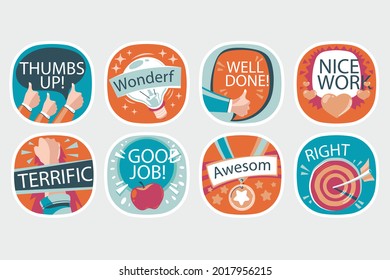 Job and great job stickers logo. School reward, encouragement sign, stamp. Student icon. Success, congrats, excellent work label. Awesome homework, well done. Educational kids design. Vector art. 