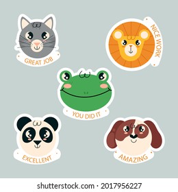 Job and great job stickers logo. School reward, encouragement sign, stamp. Student icon. Success, congrats, excellent work label. Awesome homework, well done. Educational kids design. Vector art. 