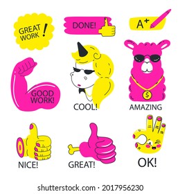 Job and great job stickers logo. School reward, encouragement sign, stamp. Student icon. Success, congrats, excellent work label. Awesome homework, well done. Educational kids design. Vector art. 
