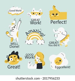 Job and great job stickers logo. School reward, encouragement sign, stamp. Student icon. Success, congrats, excellent work label. Awesome homework, well done. Educational kids design. Vector art. 