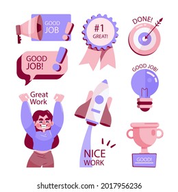 Job and great job stickers logo. School reward, encouragement sign, stamp. Student icon. Success, congrats, excellent work label. Awesome homework, well done. Educational kids design. Vector art. 